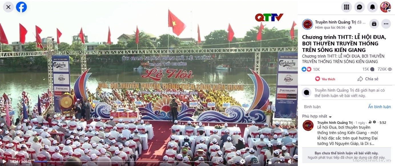 Lễ hội đua, bơi thuyền truyền thống trên sông Kiến Giang năm nay có nhiều lượt xem trực tuyến và tương tác - Ảnh: T.L
